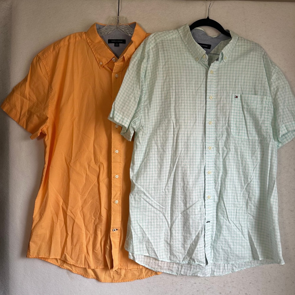 Tommy Hilfiger Mens XXL Short Sleeve Button Down Shirt‎ Lot 2 Orange Green Check